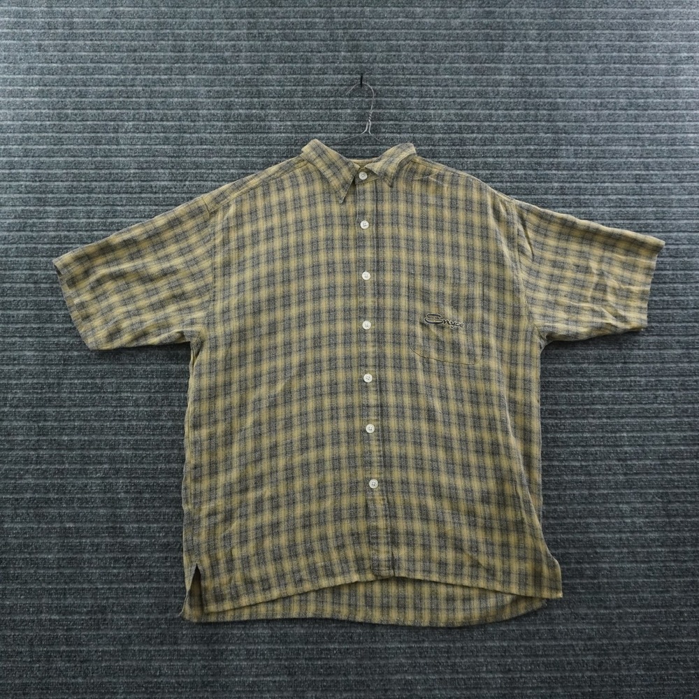 Enyce Button Down Shirt Mens L Yellow Plaid Short Sleeve Rayon Blend Streetwear